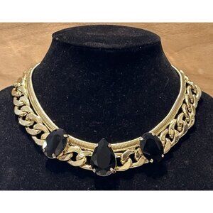 Vintage Rhinestone Chunky Chain Statement Necklace 1980's Jewelry Black Teardrop